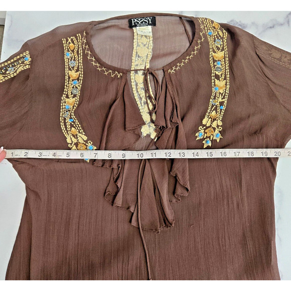 Vintage 90s Womens Top Large Brown Embroidered Sheer French Boho Flowy Blouse - Picture 12 of 13